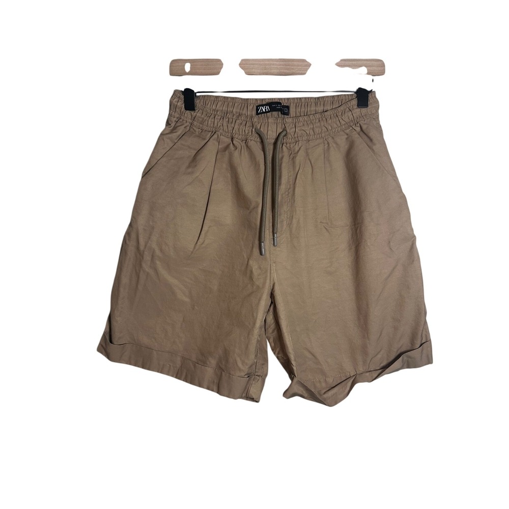 Zara Mens Khaki Tan‎ Elastic Waist Drawstring Pleated Cuffed Chino Shorts Size S